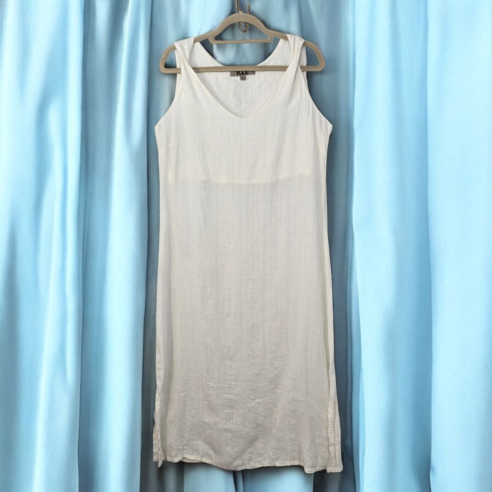 FLAX Dress Womens Large Ivory White Linen Sleeveless‎ Semi Sheer Lagenlook